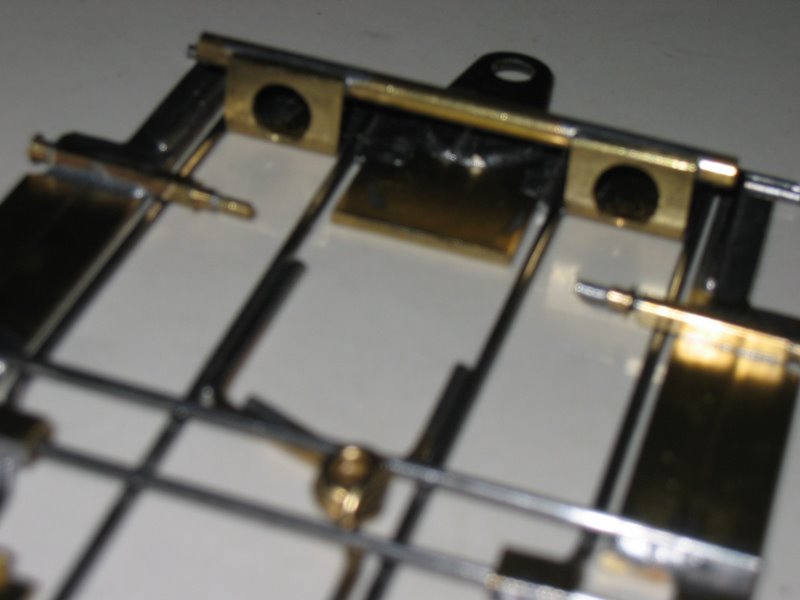 Bare chassis showing front detail - front wheels are supported by bent up .062" X .500" K&amp;S brass strip.