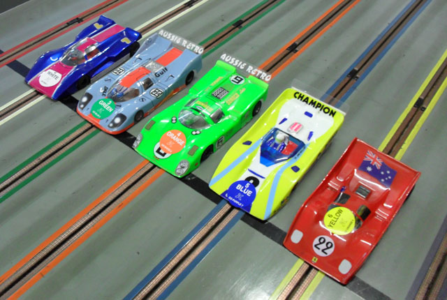 Now here's some variety for you!!,..lol<br />cars at the start of Heat 1;<br />My New Chevron, Dale's usual "Gulf" Porka, Cody, Neil's and Jacco's ,..Interesting Ferrari ??,..lol